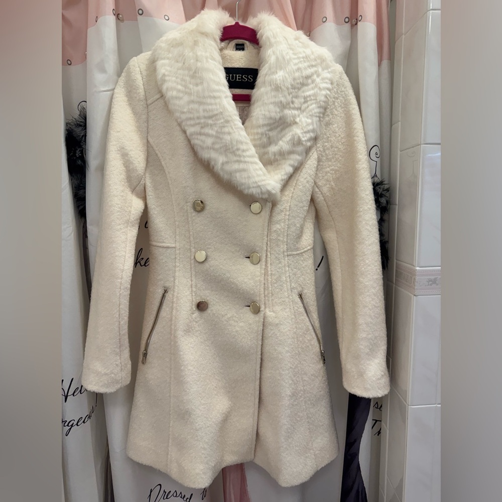 GUESS Women's Ivory Double-Breasted Pea Coat. Wool blend. Gold accents-Size XS.